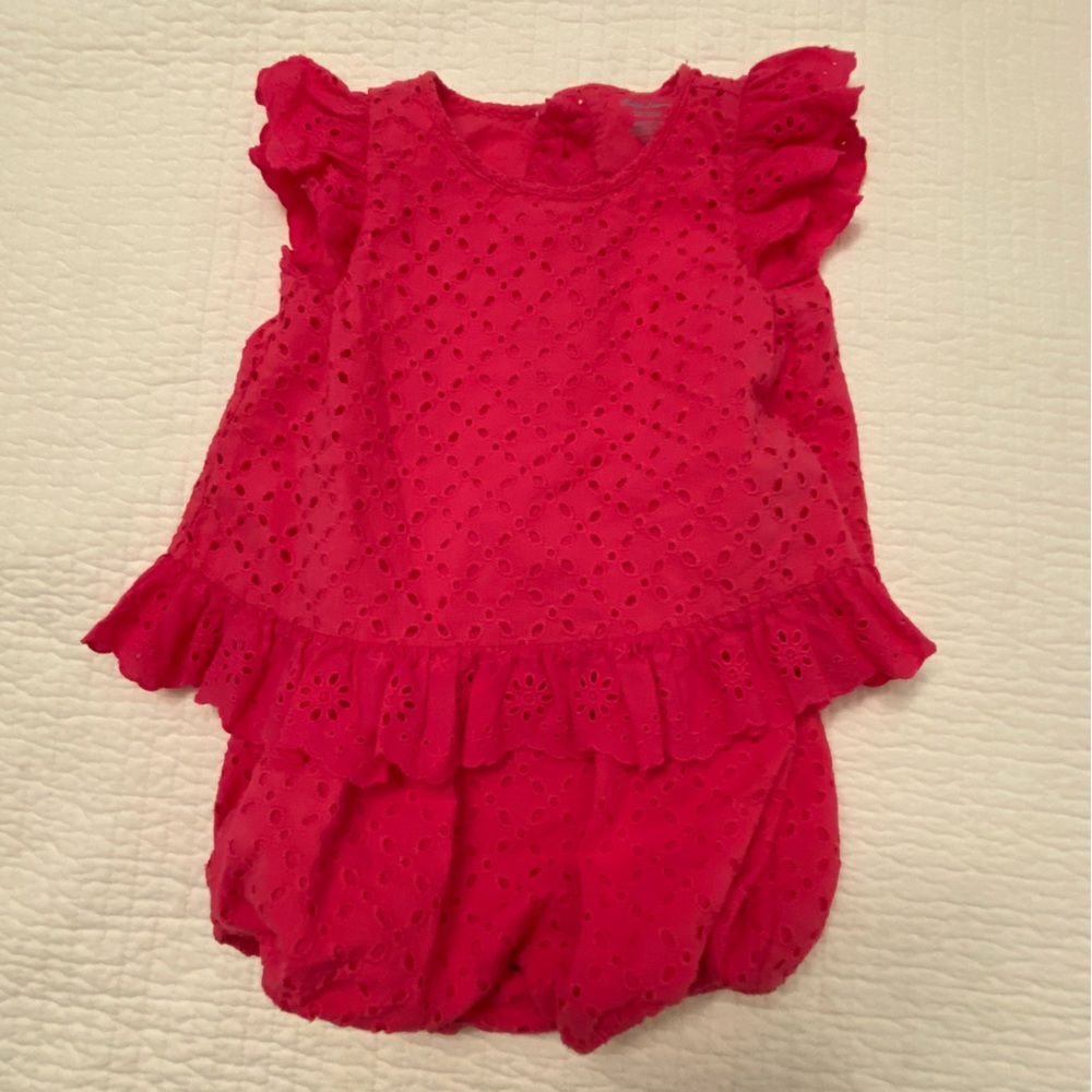 Ralph Lauren 9 Months Hot Pink Eyelet Flyaway-Back Romper